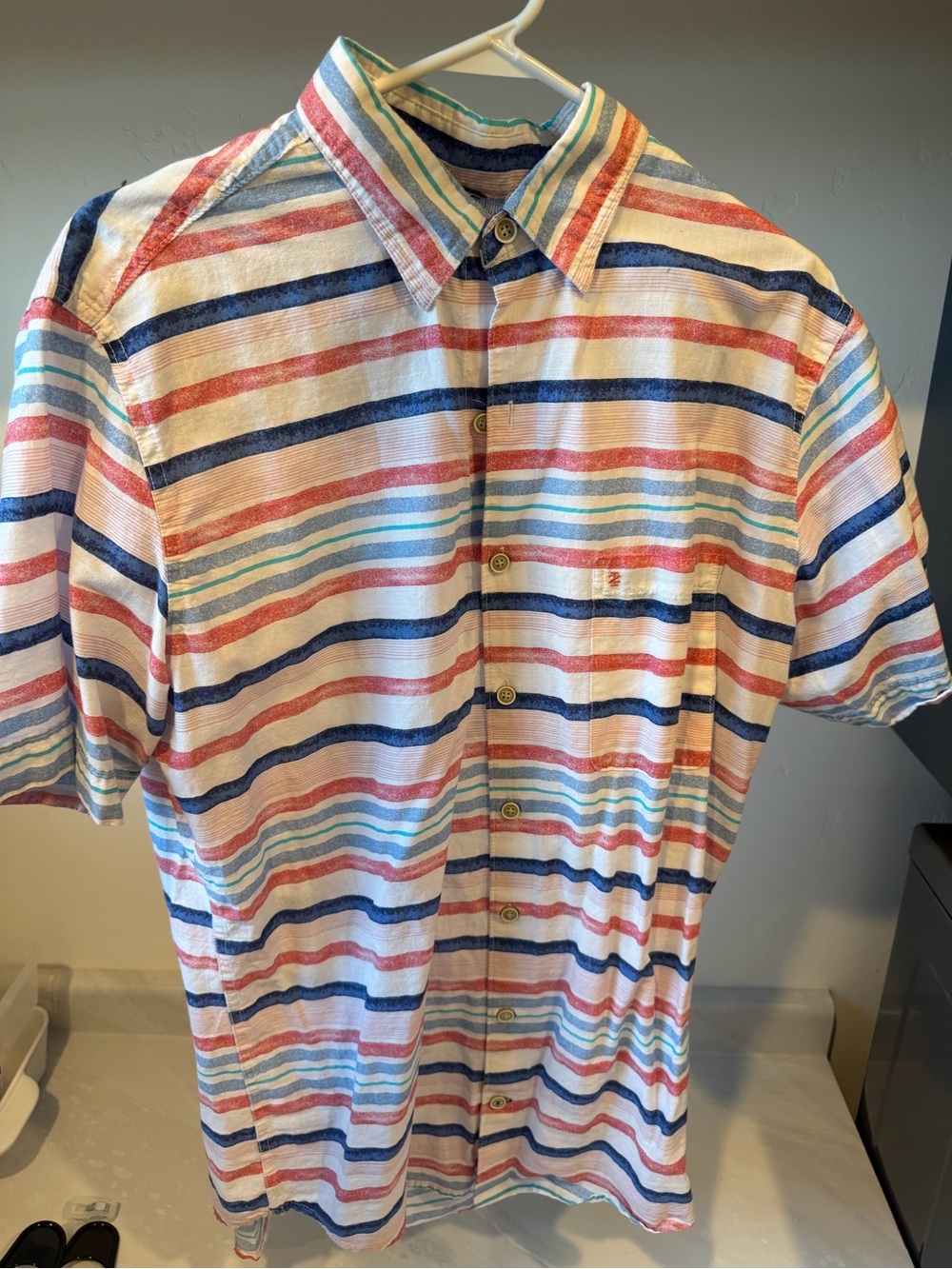 Izod Short-Sleeve Striped Button-Down Shirt in White, Navy & Red